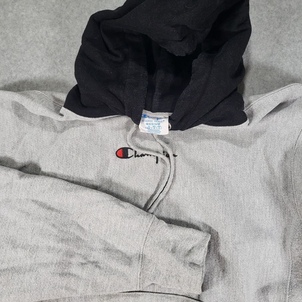 Champion Reverse Weave Hoodie Sweatshirt Mens Medium Gray Black Hood